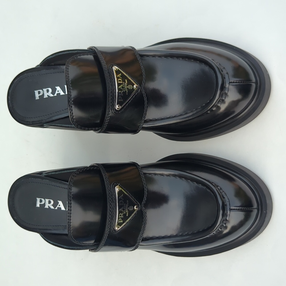 Prada Women's Black 85 Triangle Logo Mules In Brushed Leather
